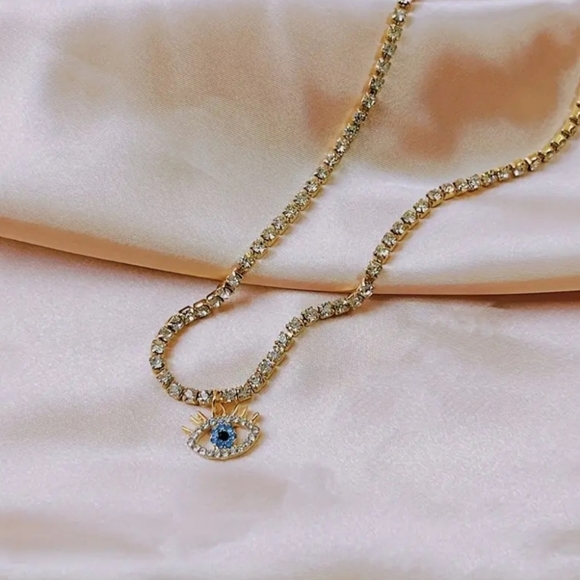 18k Gold Plated Vintage Evils Eye Rhinestones Necklace - Picture 5 of 5